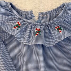 Little English Blue Gingham Top with Candy Cane Embroidery